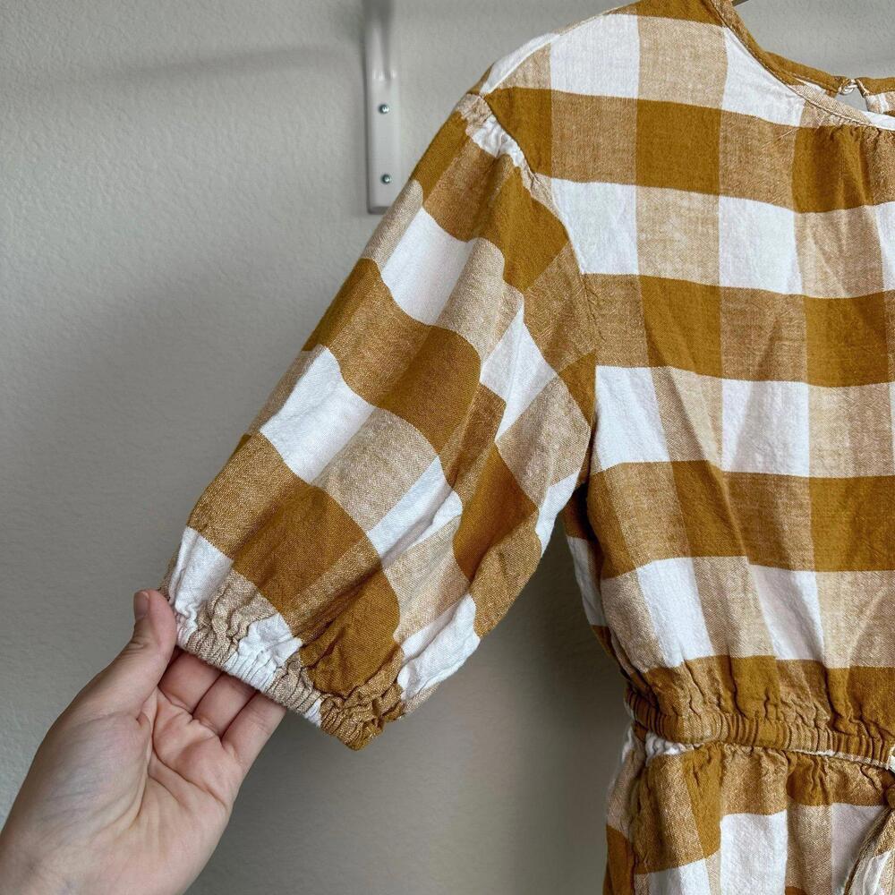 S Womens Who What Wear Blouse Gingham Honey Mustard Puffed Sleeve Orange White - Picture 3 of 5